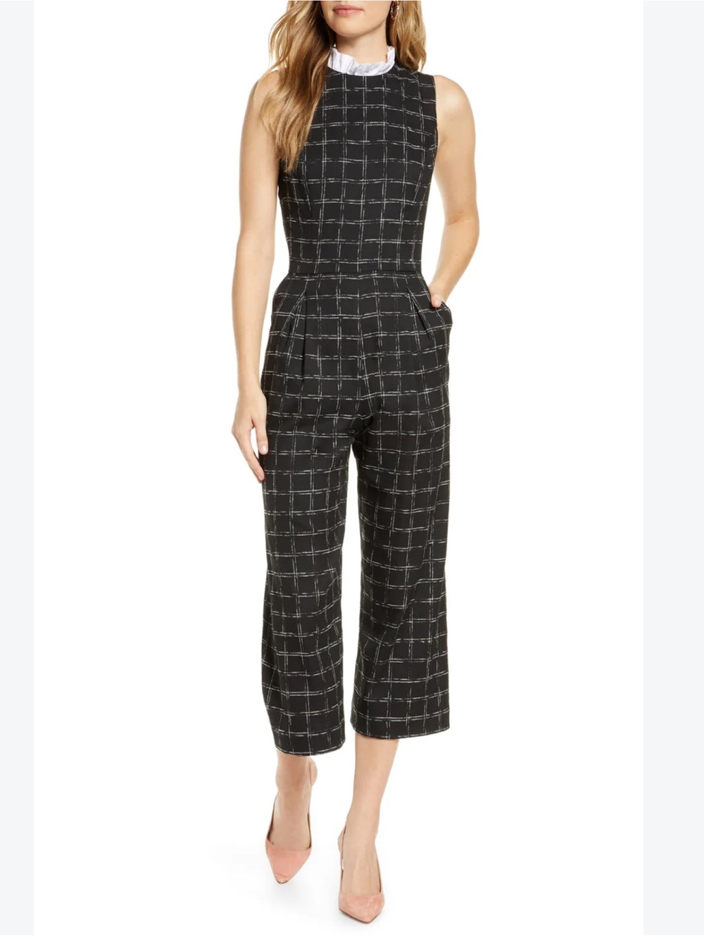 1901 Sleeveless Black Windowpane Jumpsuit Size 0
